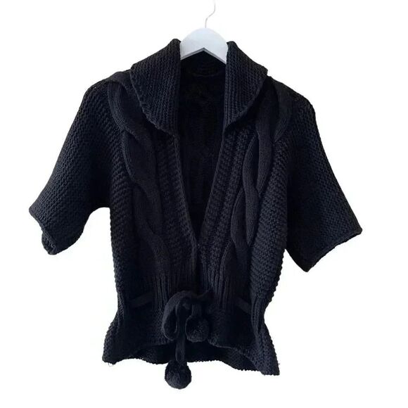 Black Knit Open Front Tie Snap Button Closure ¾ Sleeves Sweater Women’s Cardigan - Picture 11 of 13